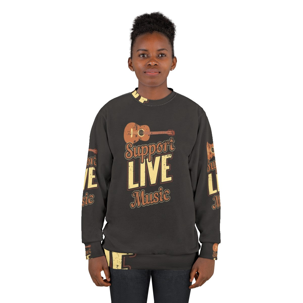 Live music lover wearing a retro-style sweatshirt with an indie band design - women