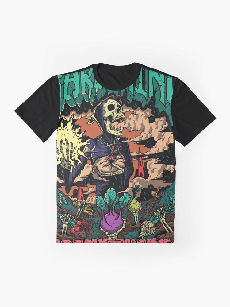 Gardening Death Graphic T-Shirt featuring a skull, plants, and the Grim Reaper. - Flat lay