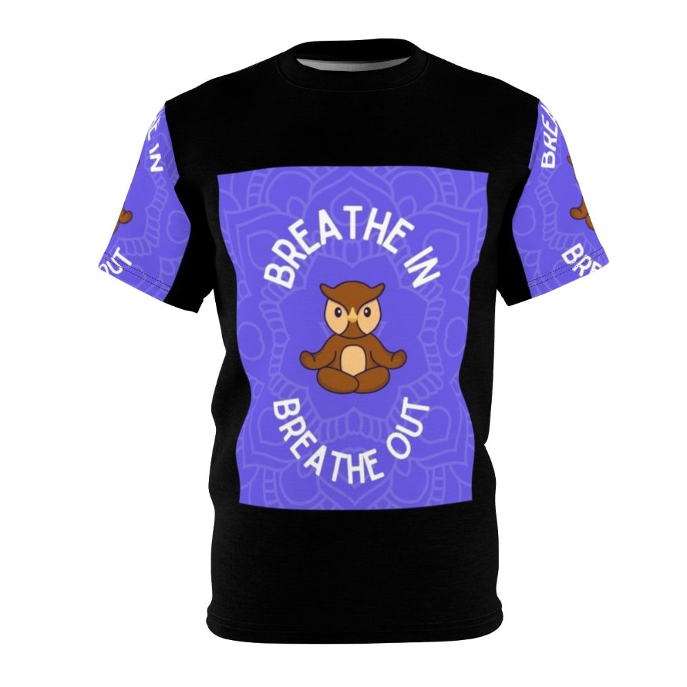 Relaxing owl yoga meditation t-shirt featuring a calming owl in a yoga pose