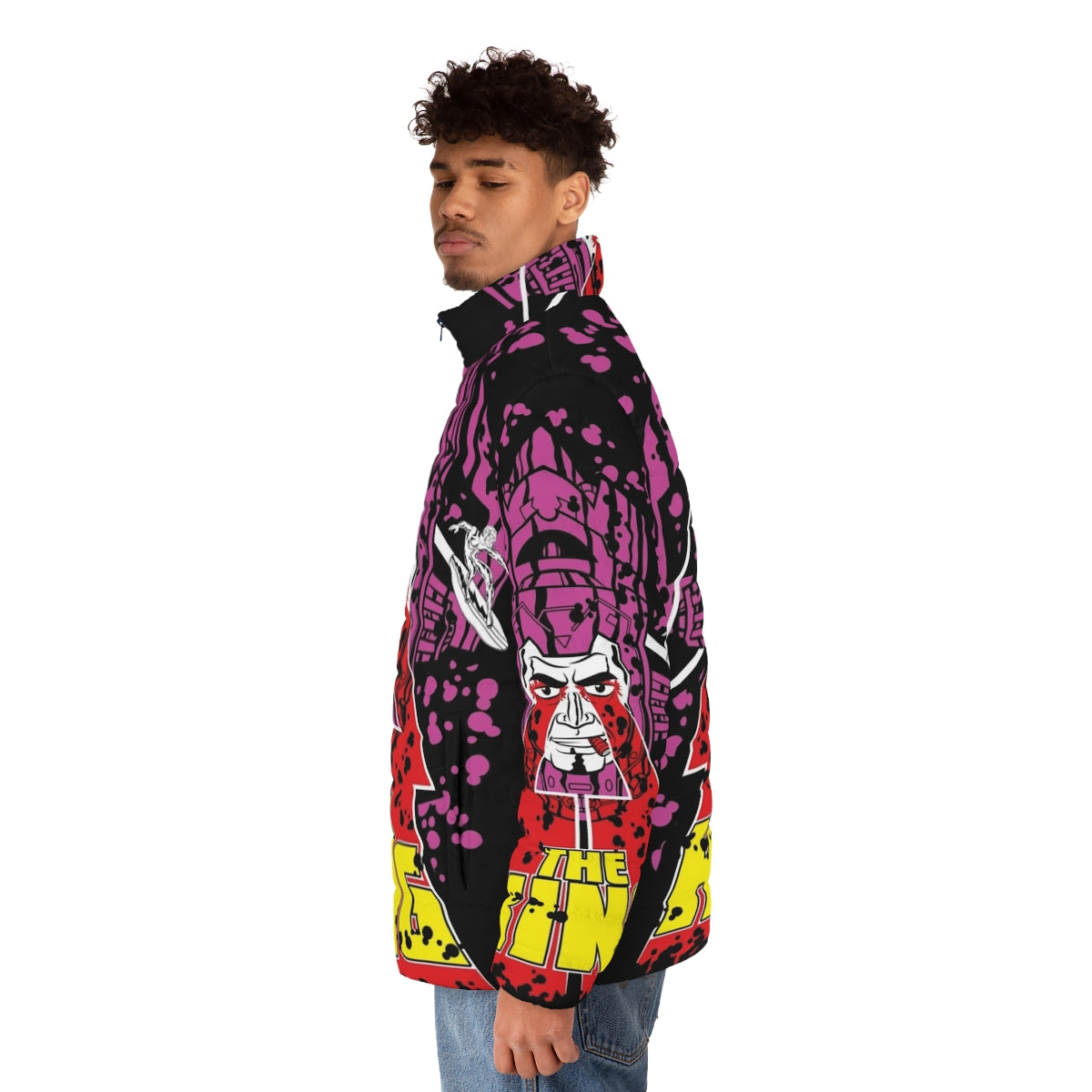 The King Puffer Jacket, a Marvel and DC-inspired cosmic superhero style puffer jacket - men side left