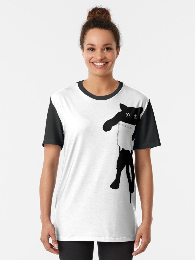 Black cat graphic t-shirt with a minimalist "hang loose" pocket art design - Women