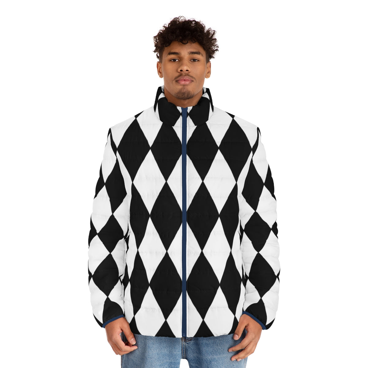 Black and white harlequin puffer jacket with diamond pattern design - men front