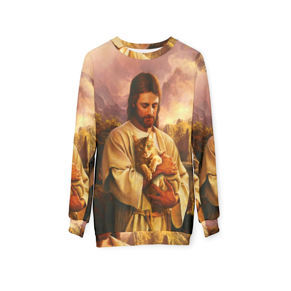 The Cat of Christ Christian Sweatshirt with a cat dressed as Jesus - hanging