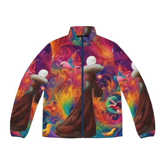 Dreamscape puffer jacket with psychedelic, colorful, and boho-inspired design