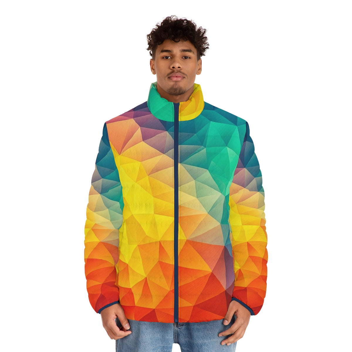 Colorful abstract geometric puffer jacket - men front