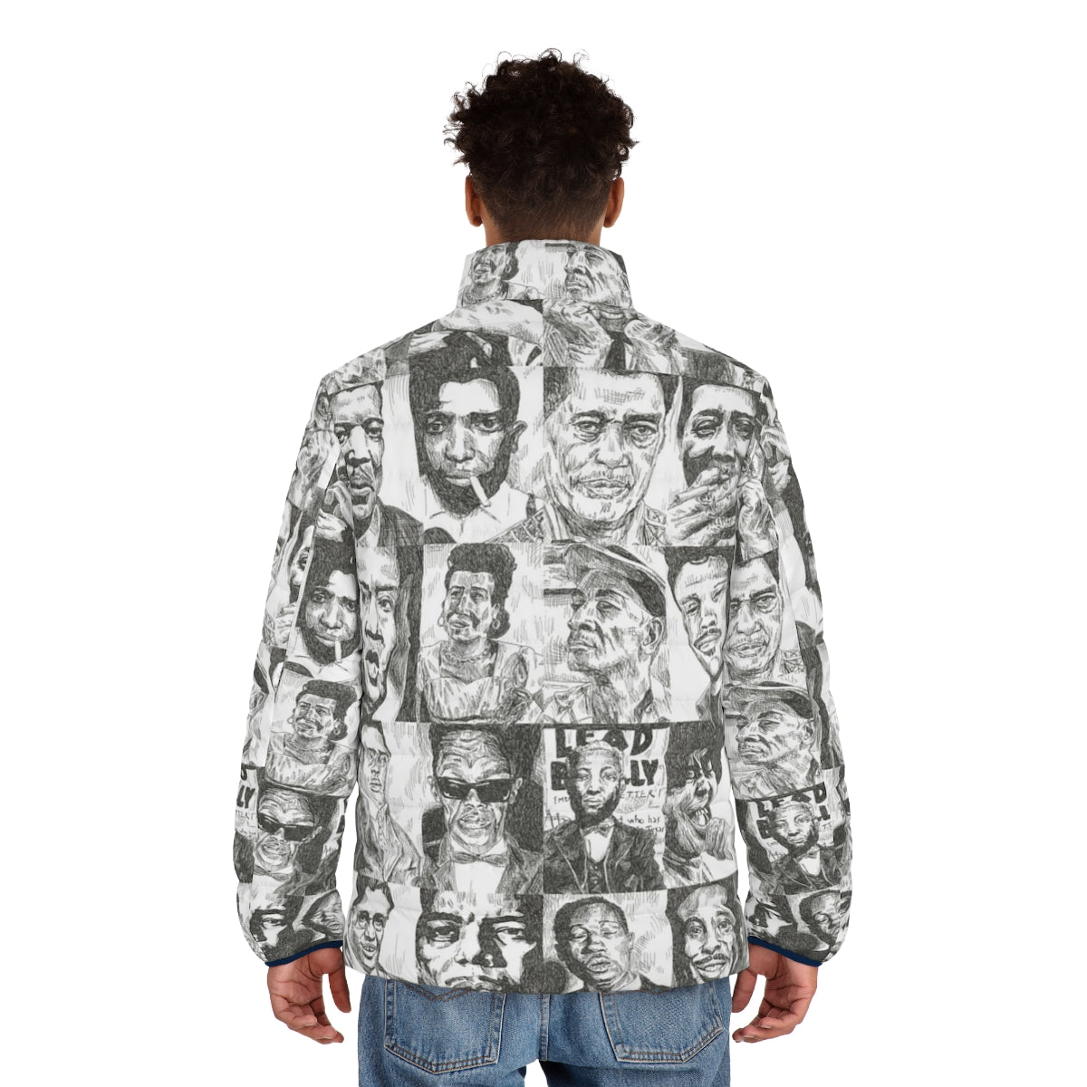 Puffer jacket featuring vintage-style illustrations of famous blues musicians - men back