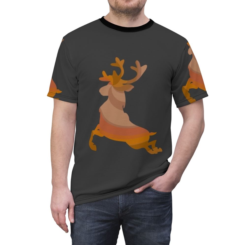 Vibrant and abstract t-shirt design featuring a reindeer, a legendary animal - men front