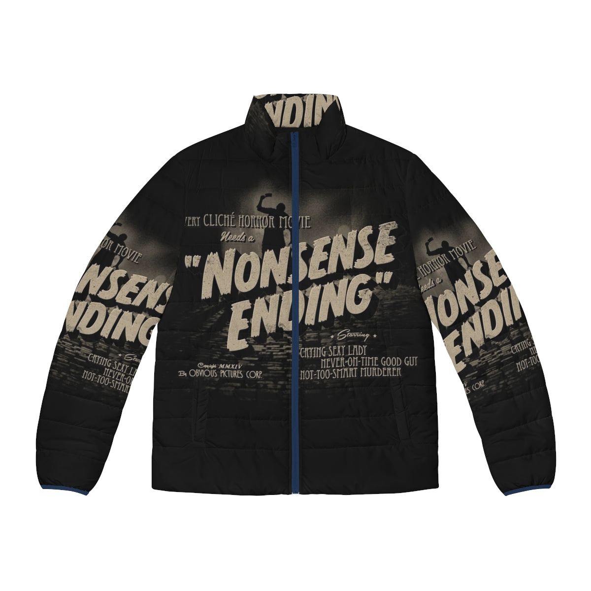 Vintage black and white puffer jacket with a chilling movie-inspired design