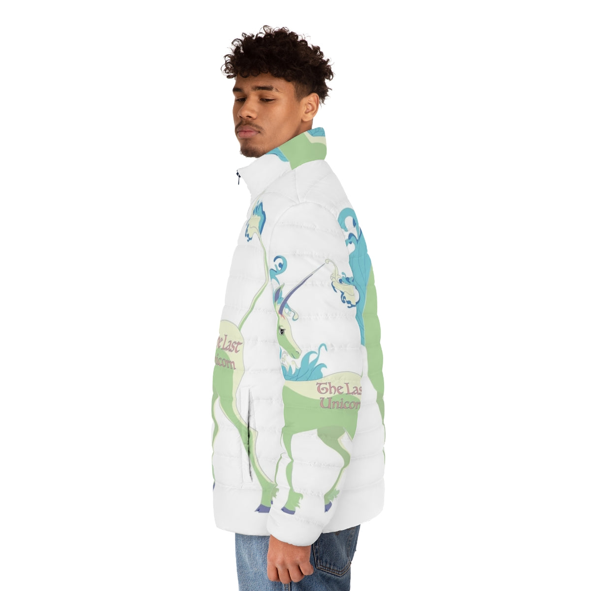 A green puffer jacket with a unicorn design, perfect for fantasy enthusiasts. - men side left