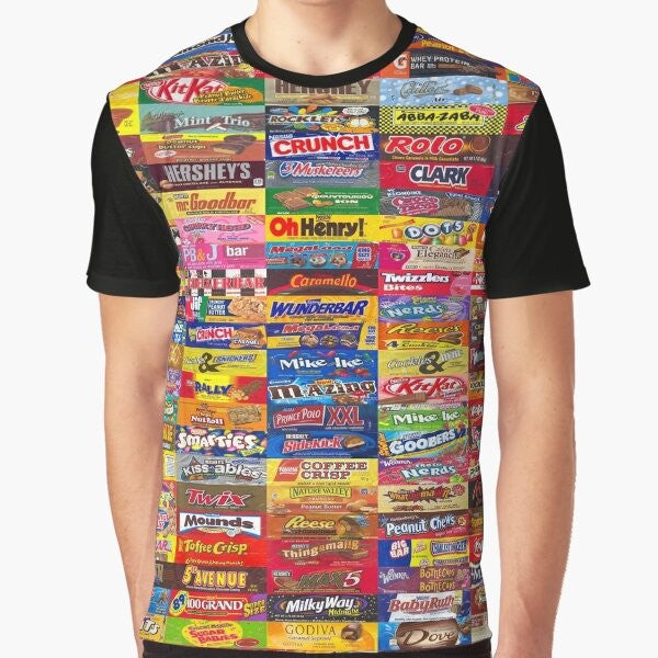 Colorful graphic t-shirt featuring various candy wrappers and packaging designs