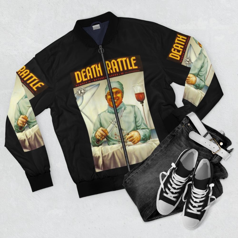 Vintage underground comics horror bomber jacket with Death Rattle #16 cover art - Flat lay