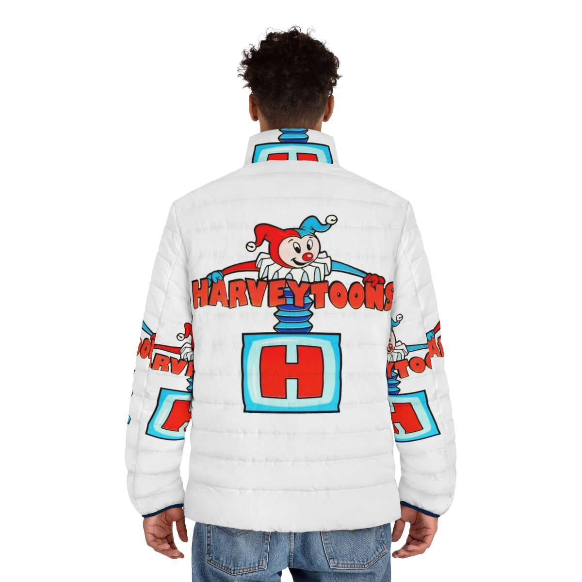 Harveytoons character logo puffer jacket featuring classic comic characters - men back