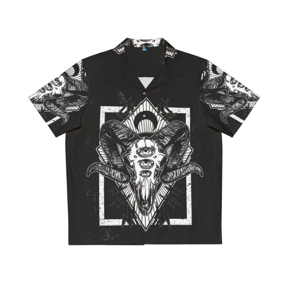 Monochrome hawaiian shirt with digital drawing of ram skull