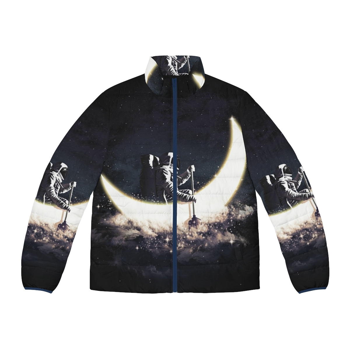 Stylish puffer jacket with a moon sailing and space-themed design