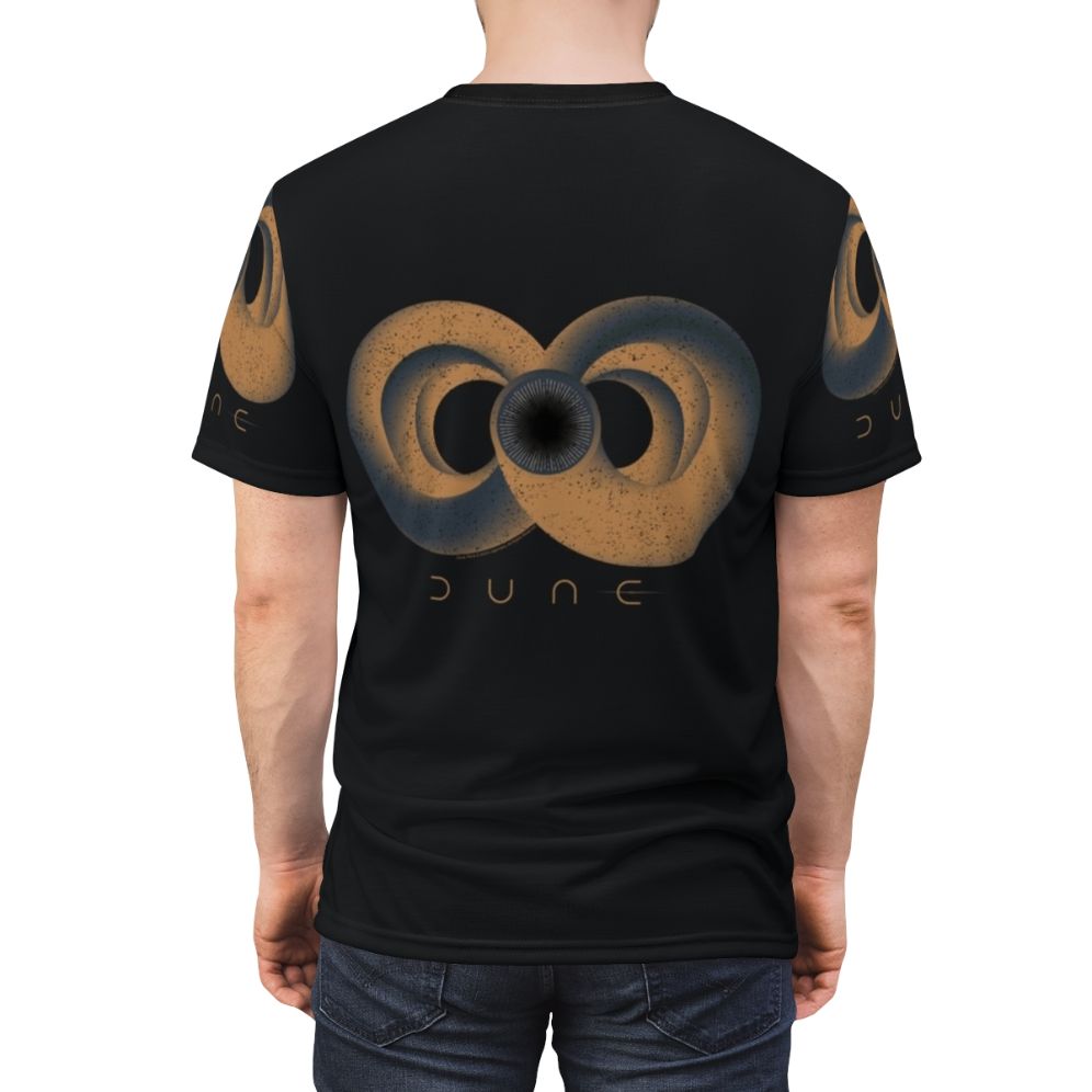 Vintage-inspired graphic t-shirt featuring a distressed Dune sandworm and infinity sign design - men back