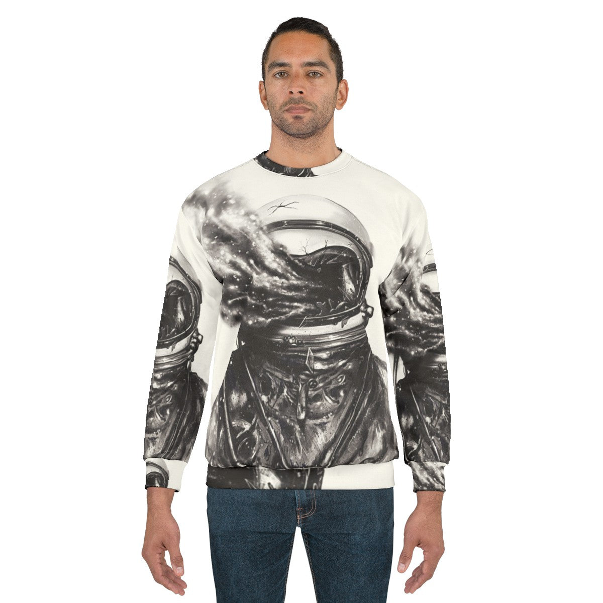 Transposed cosmic galaxy sweatshirt with surreal spaceman design - men