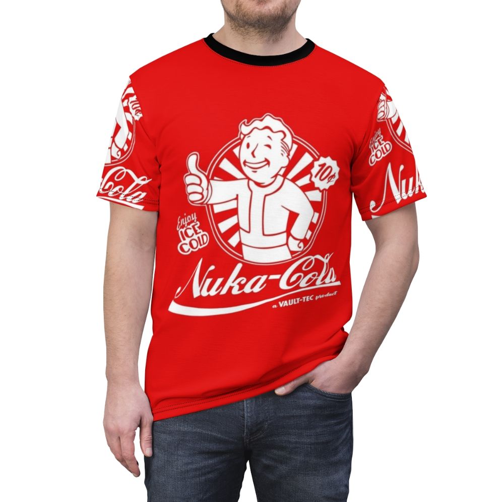 Nuka Cola Advert-inspired t-shirt design featuring a vintage-style advertisement for the iconic Fallout game franchise - men front