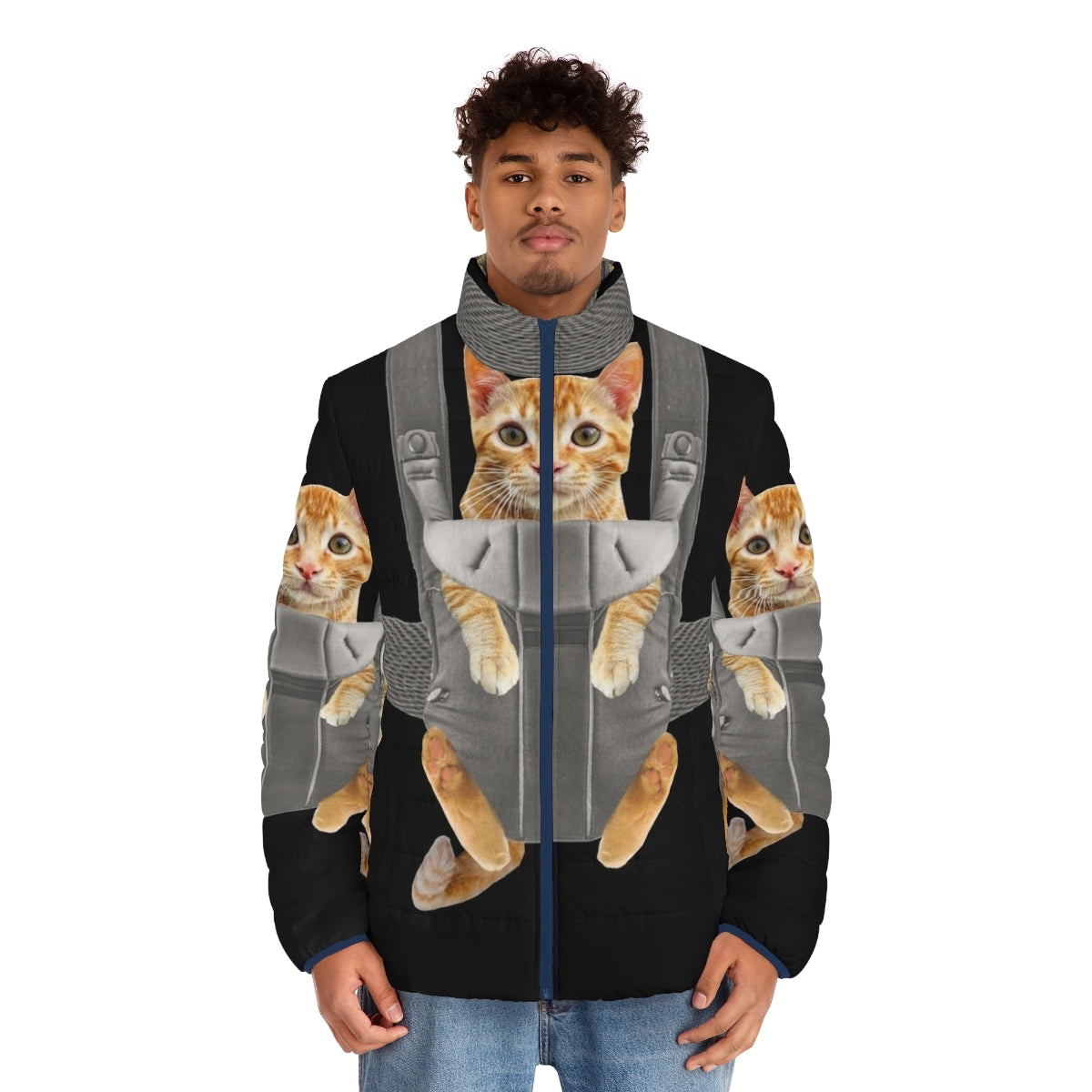 Orange cat in a baby carrier wearing a puffer jacket - men front