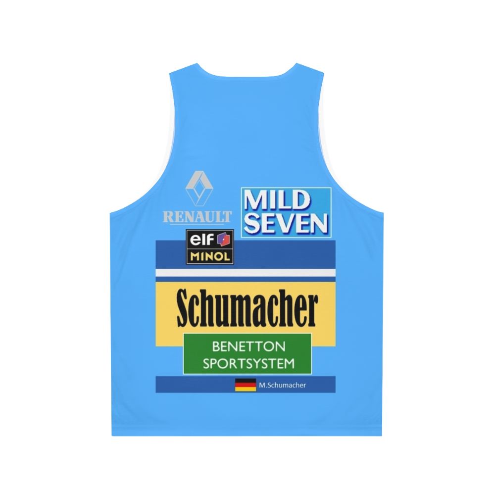 Unisex tank top featuring Michael Schumacher's 1995 Benetton Formula 1 race suit - Back