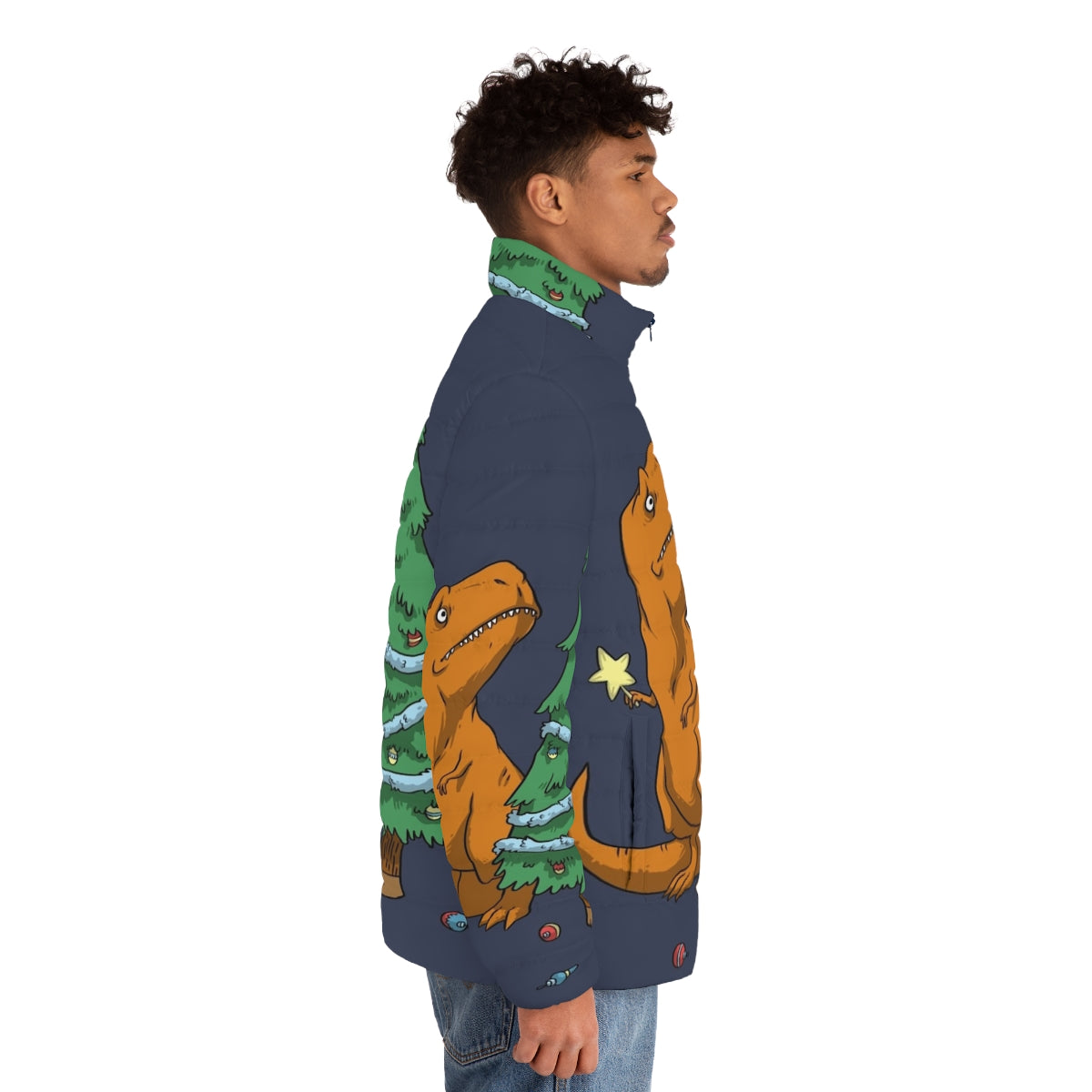 A funny puffer jacket with a t-rex design, perfect for kids during the holiday season. - men side right