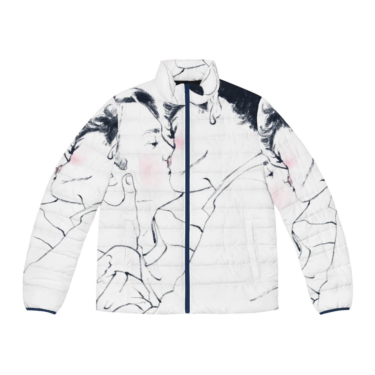 Heartstopper inspired puffer jacket featuring a kiss design