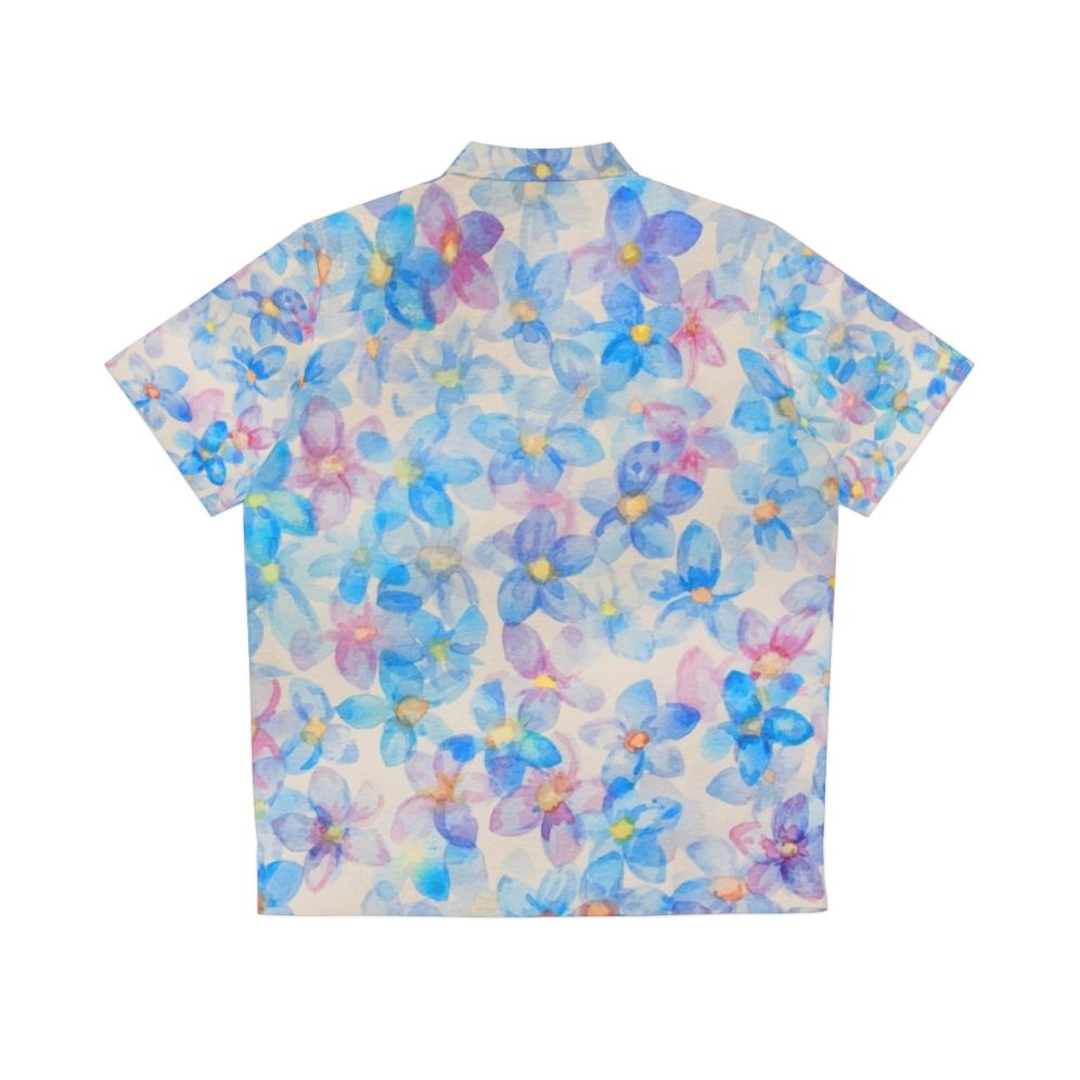 Blue watercolor flower buds painting on a Hawaiian shirt - Back