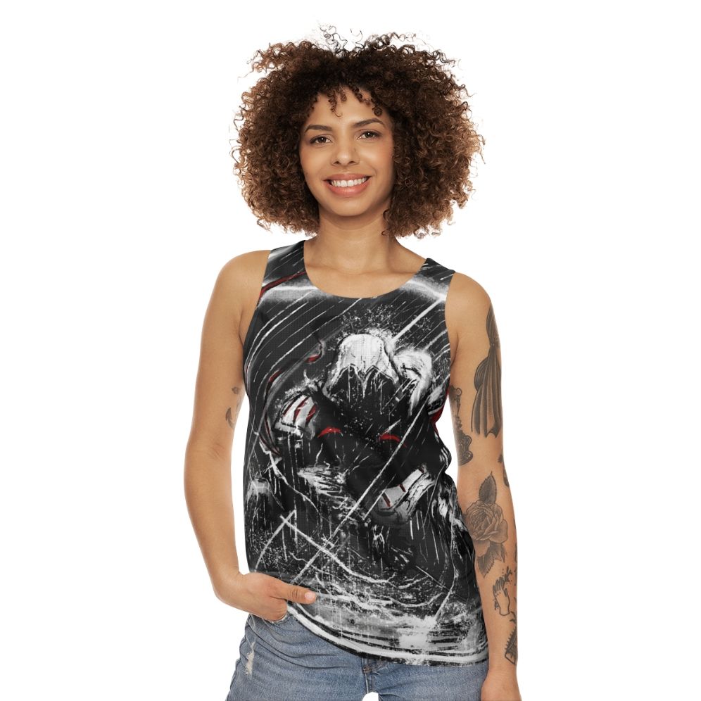 Assassin's Creed inspired unisex tank top with comic book style thunder design - women