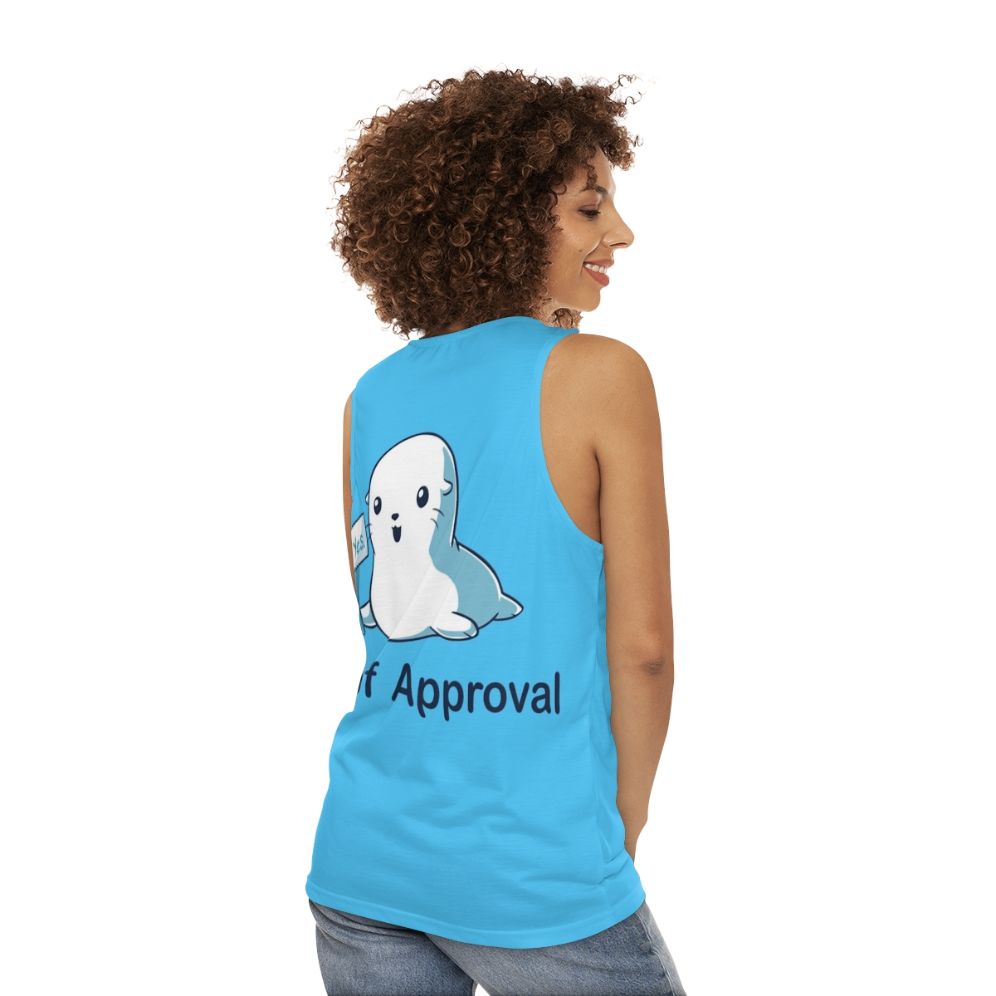 Geeky unisex tank top with seal of approval parody design - women back