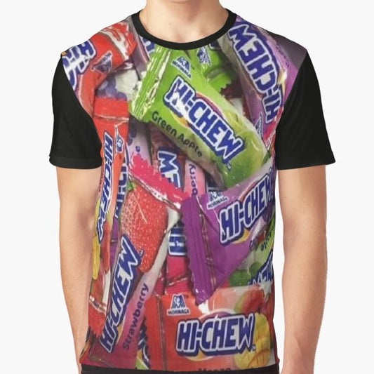 Hi-Chew candy graphic t-shirt with various fruit flavors