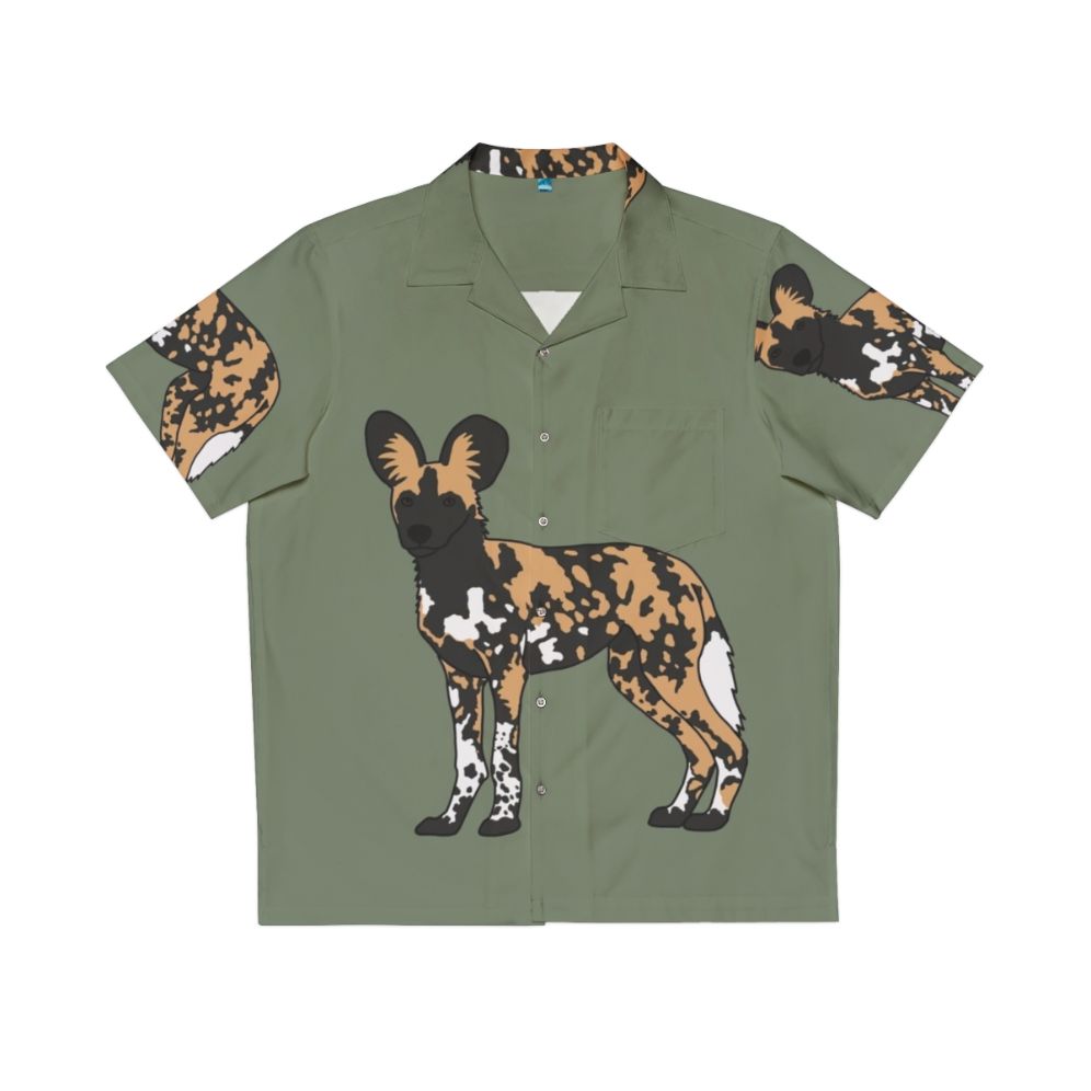 Colorful Hawaiian shirt featuring an African painted dog design