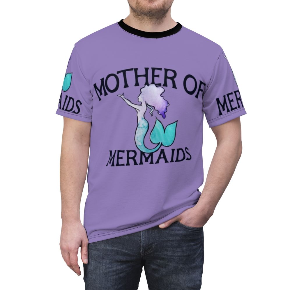 Illustration of a mythical mermaid mother on a graphic t-shirt - men front