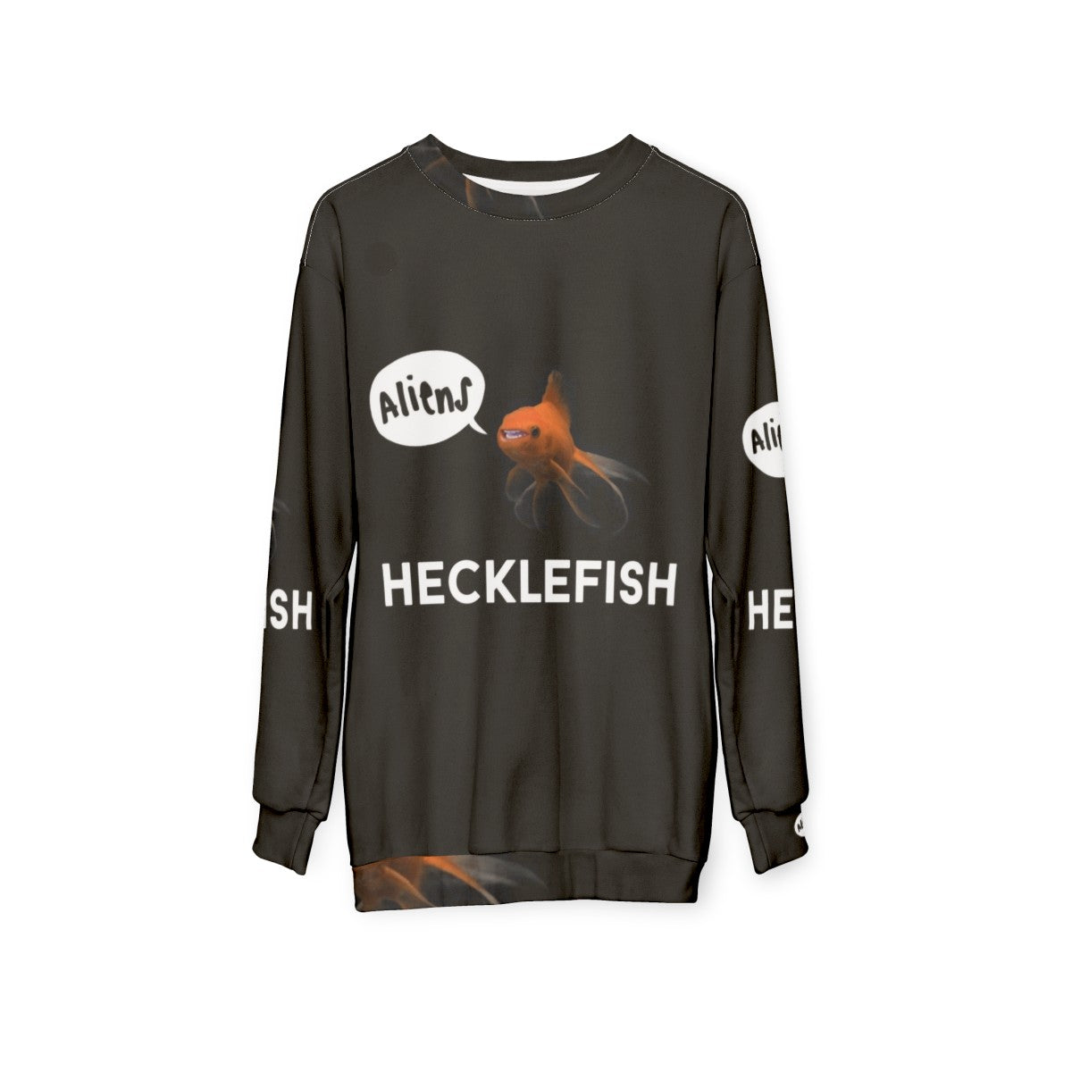 Hecklefish Graphic Sweatshirt featuring underwater mysteries and conspiracies - hanging