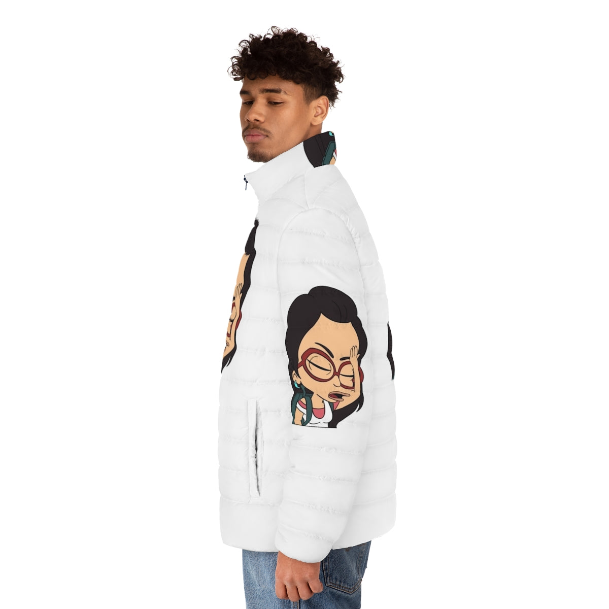 Big Mouth Ali Inspired Puffer Jacket with Hormone Monster Design - men side left