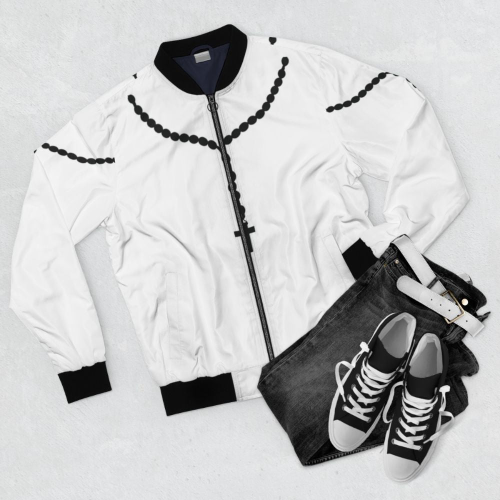 Black bomber jacket with rosary bead design - Flat lay