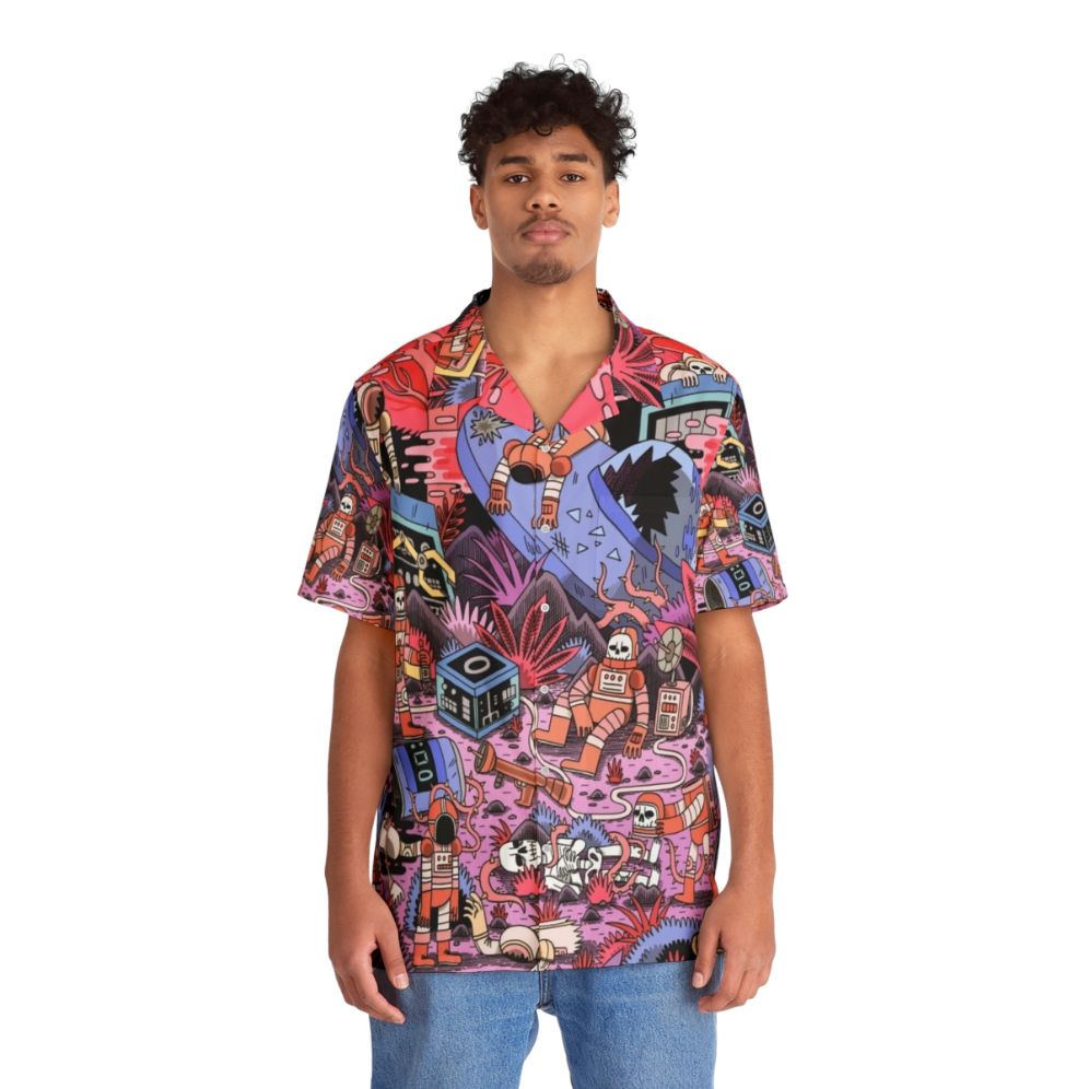 Chaos Hawaiian Shirt featuring a spaceman in a cosmic, supernatural landscape - People Front