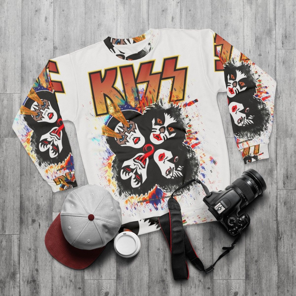 Kiss Band Rock and Roll Sweatshirt with Splash Logo - flat lay