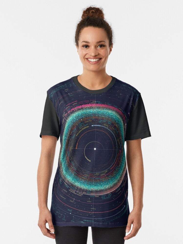 Asteroid Map of the Solar System Graphic T-Shirt featuring an infographic-style design of the planets, moons, and asteroids in the solar system. - Women