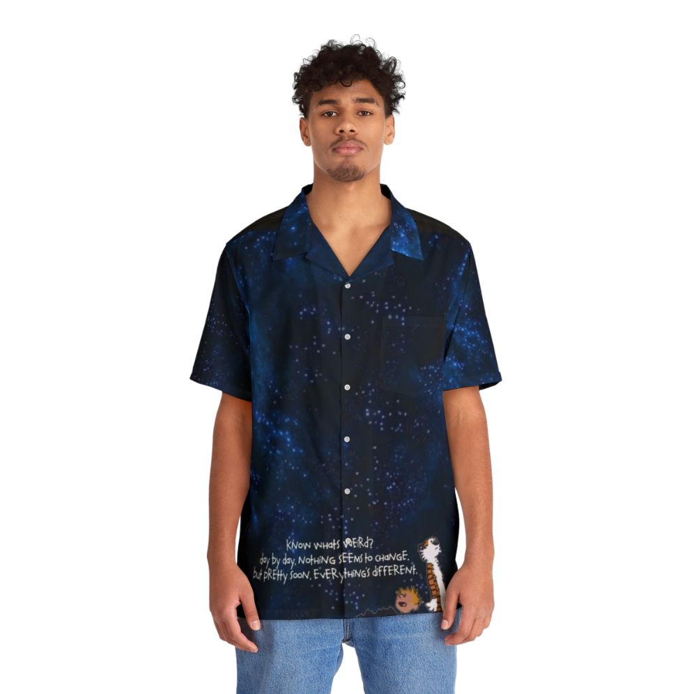 Calvin and Hobbes characters on a space-themed Hawaiian shirt - People Front