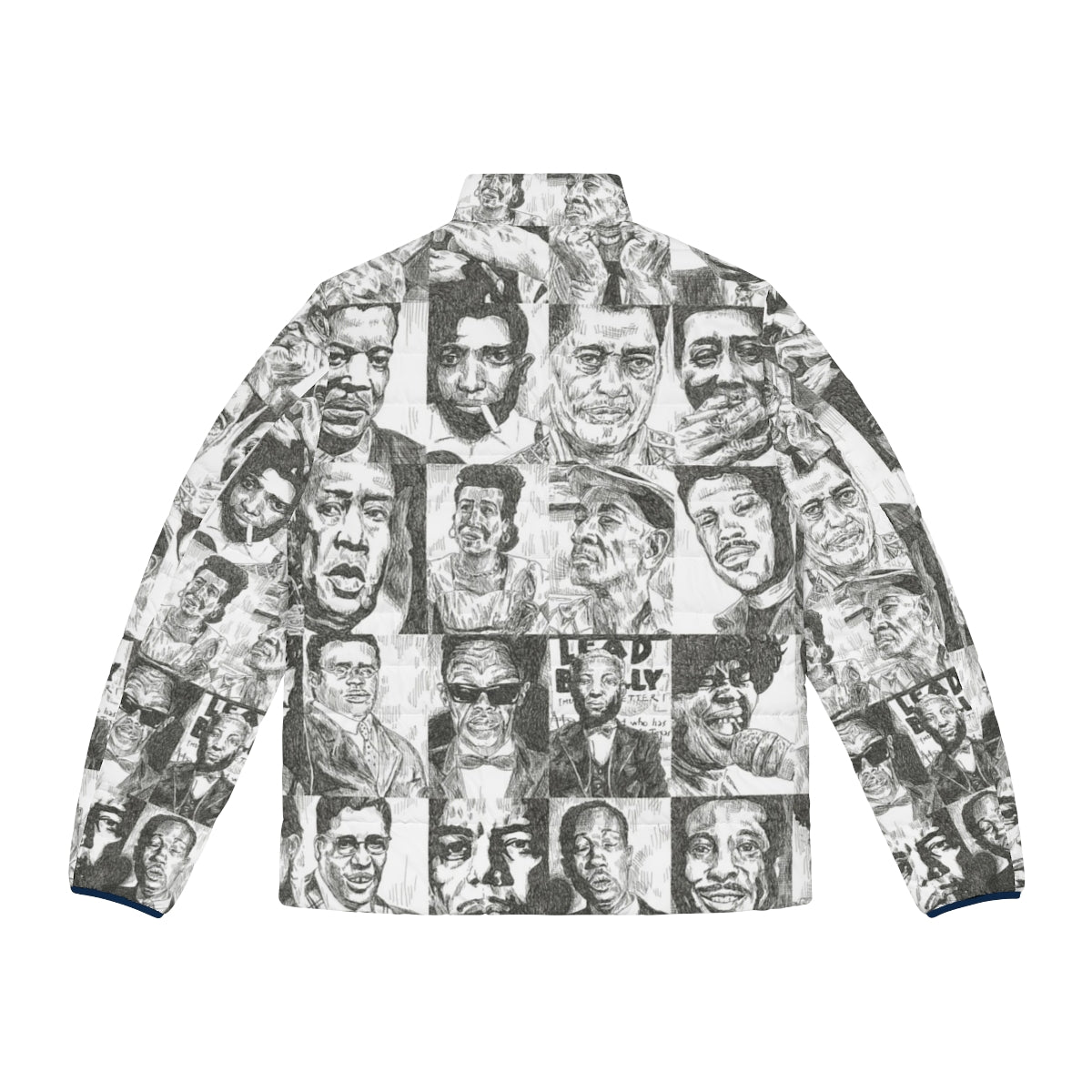 Puffer jacket featuring vintage-style illustrations of famous blues musicians - Back