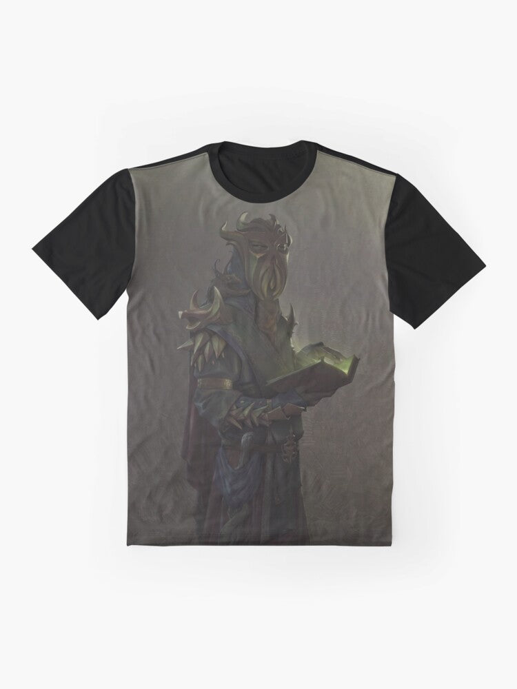 Lovecraft and Skyrim inspired "Silence Unbroken" graphic t-shirt design featuring Miraak, the Dragonborn, and Hermaeus Mora - Flat lay