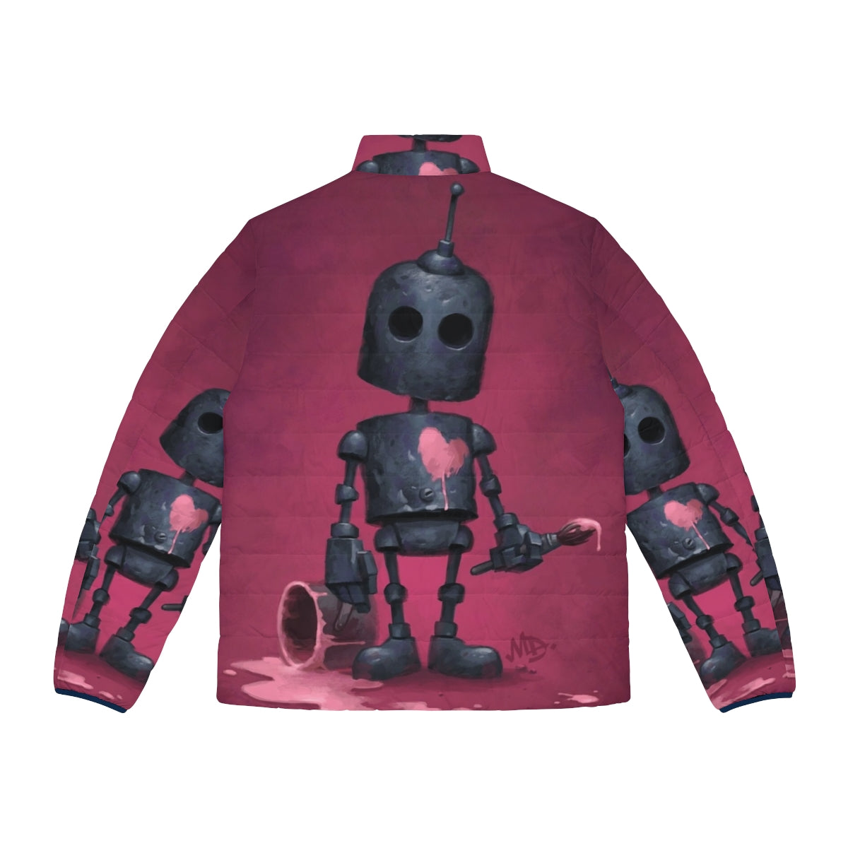 Cozy puffer jacket featuring a charming robot design in shades of pink and red - Back