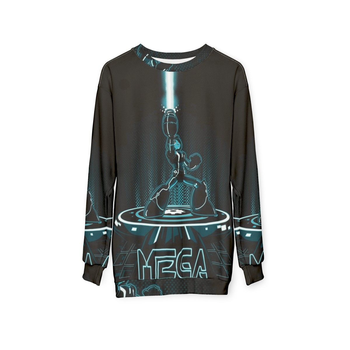 Mega Sweatshirt featuring Mega Man and Tron inspired design - hanging