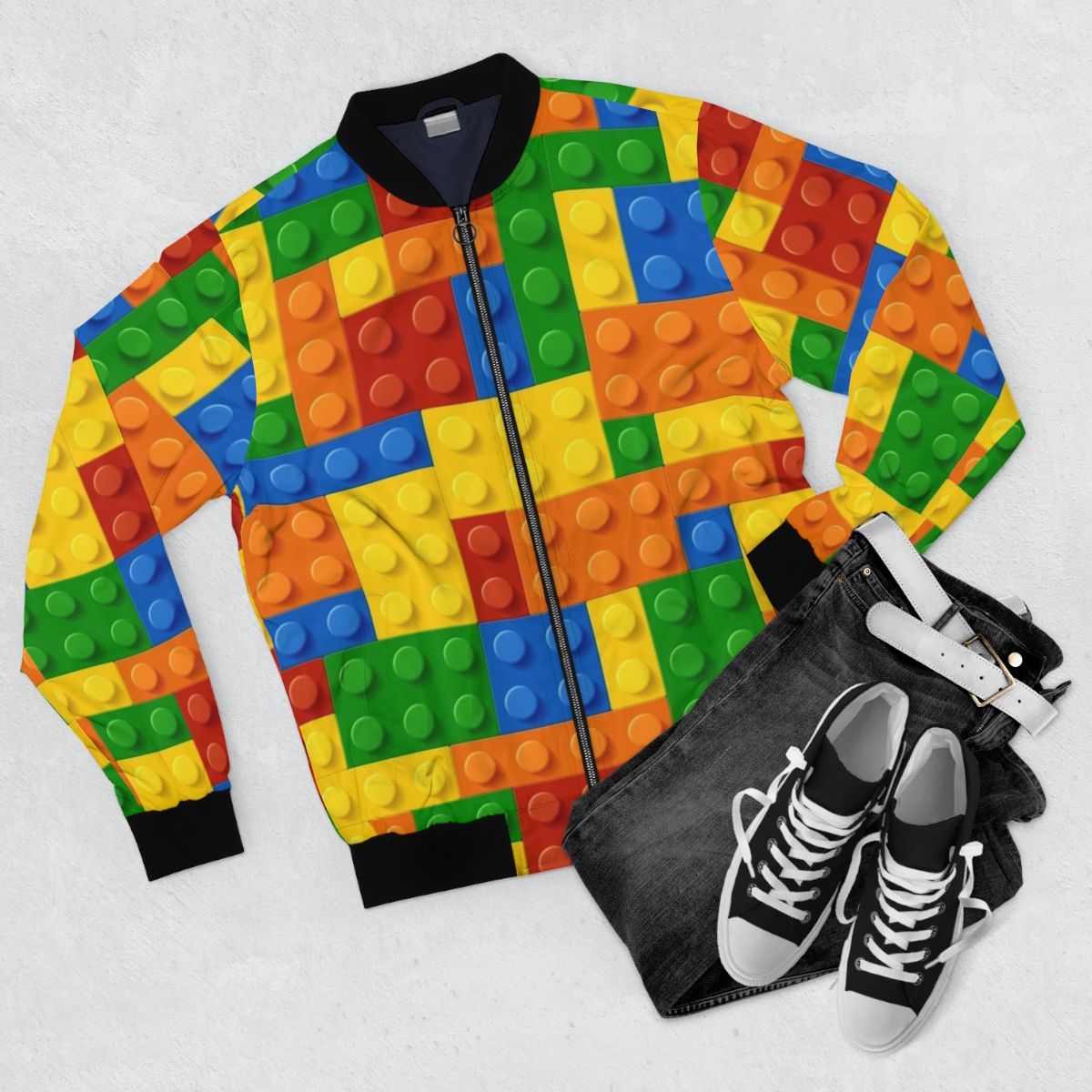 Bomber jacket with a building blocks construction brick design - Flat lay