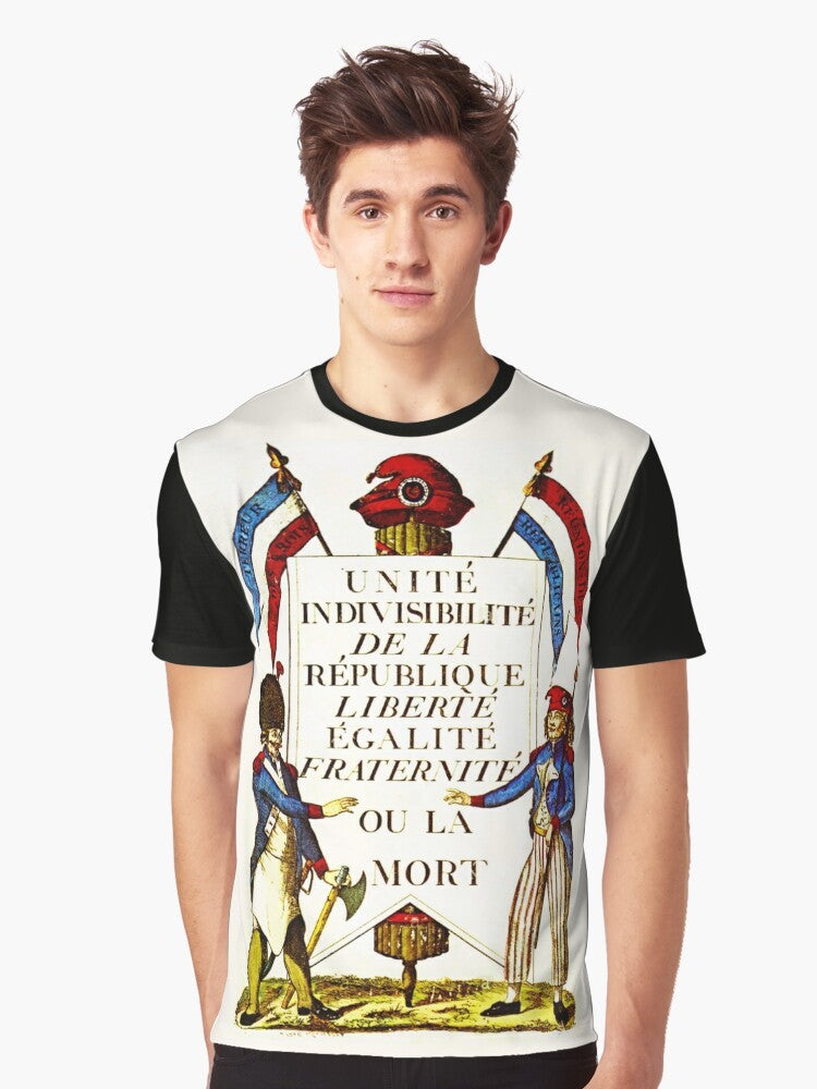 Vintage French Revolution inspired graphic t-shirt with the words "Liberty, Equality, Fraternity or Death" and imagery - Men