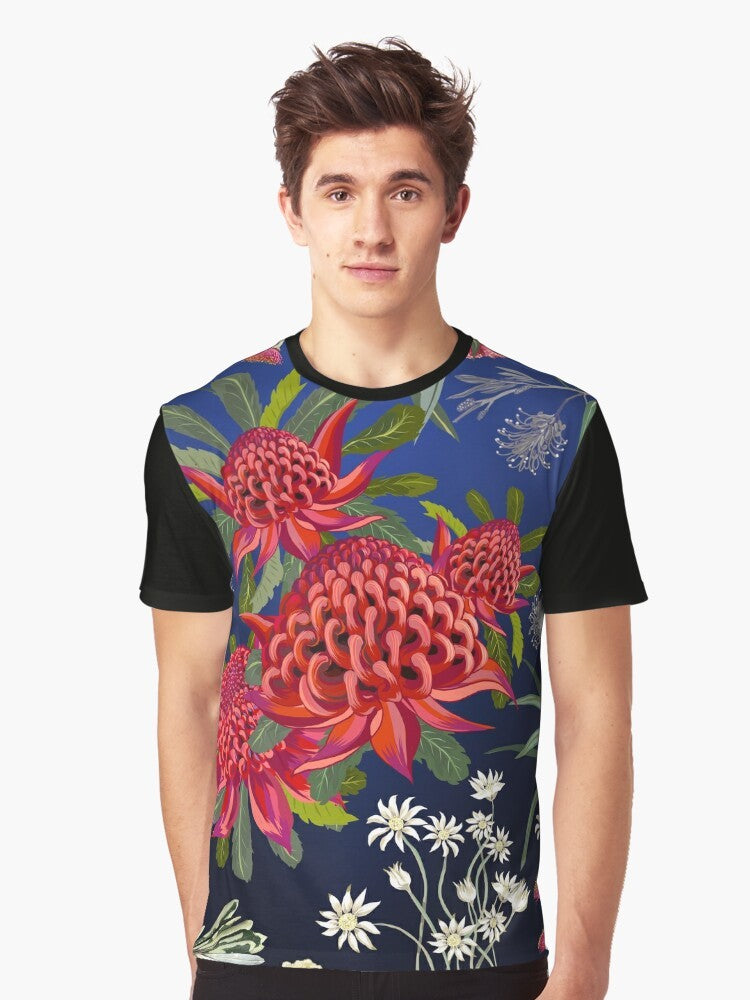 Australian native flowers, Waratah, blue and red contemporary floral art graphic on t-shirt - Men