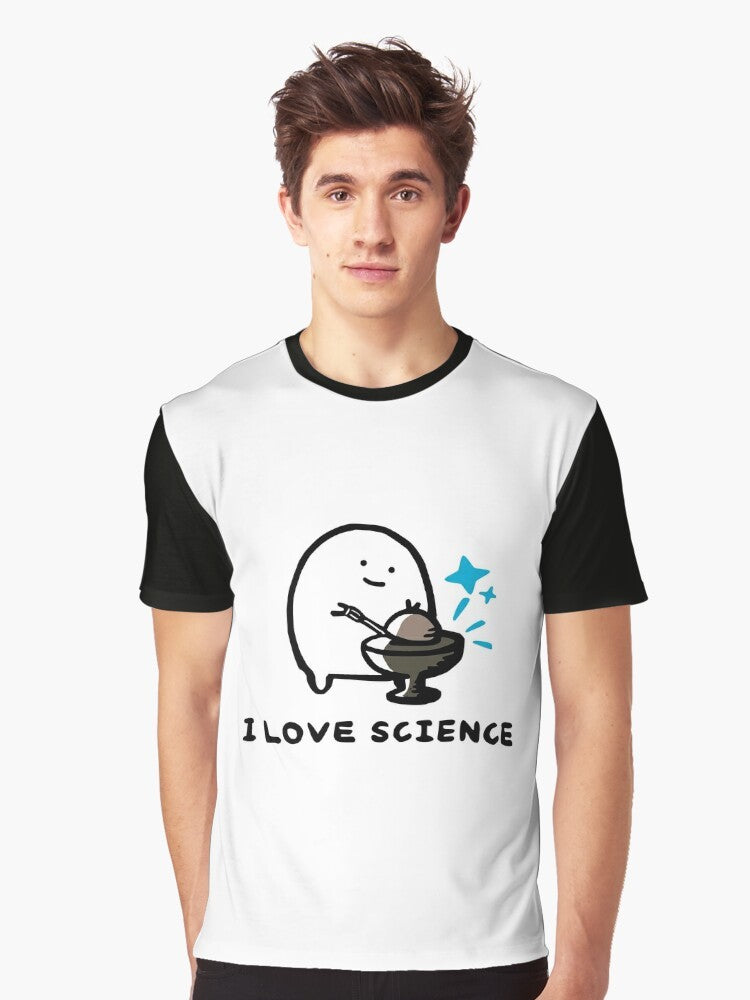 Graphic t-shirt with "I Love Science - Demon Core" design, featuring blue radiation sparks and nuclear elements. - Men