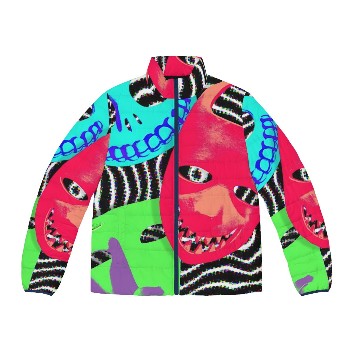 A stylish "Birds Of A Feather" puffer jacket featuring a spooky pop art design perfect for Halloween and Nightmare Before Christmas fans.