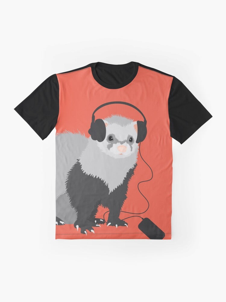 Illustration of a ferret wearing headphones and playing music, focus keyword: ferret, music, musician - Flat lay