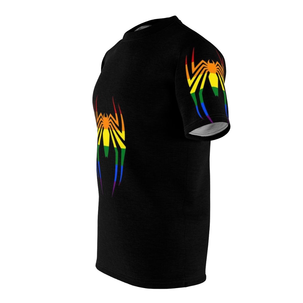 Colorful spider symbol design on a t-shirt with a rainbow gradient background - men left