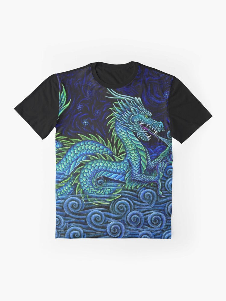 Vibrant graphic t-shirt featuring a majestic Chinese azure dragon against a backdrop of ocean, sky, and mist. - Flat lay